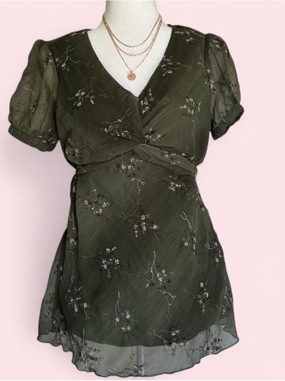 Y2K Olive Green Floral Babydoll Wrap-Front Chiffon Blouse